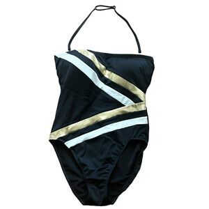 Shape FX SWIM Black/Gold Halter One Piece High Cut Bathing Suit Women Sz 10 NWOT